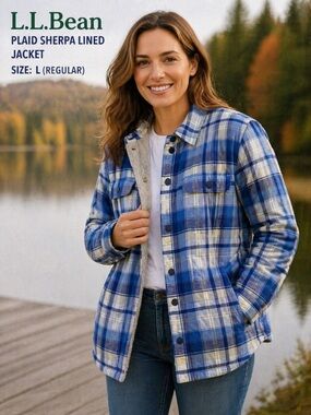 L.L.Bean Women’s 100% cotton Sherpa Lined Plaid Jacket Size L